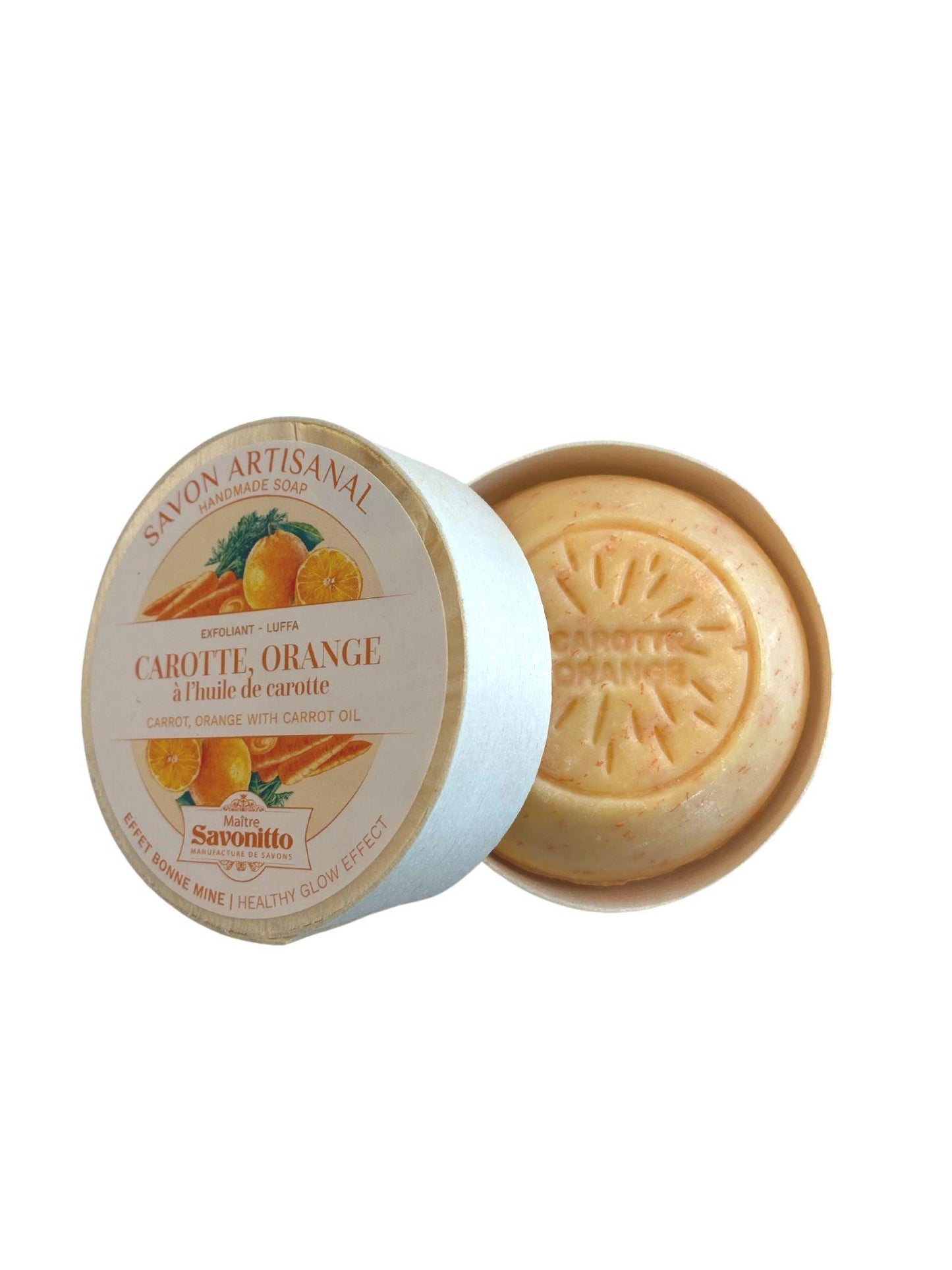 Savon Boite Bois 100g CAROTTE, ORANGE Exfoliant - La boutique de Béa