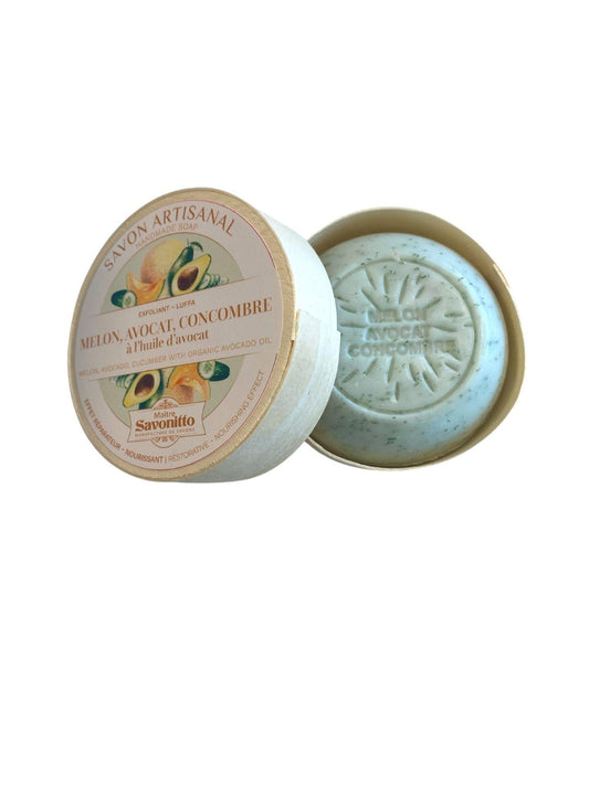 Savon Boite Bois 100g MELON, AVOCAT, CONCOMBRE Exfoliant - La boutique de Béa