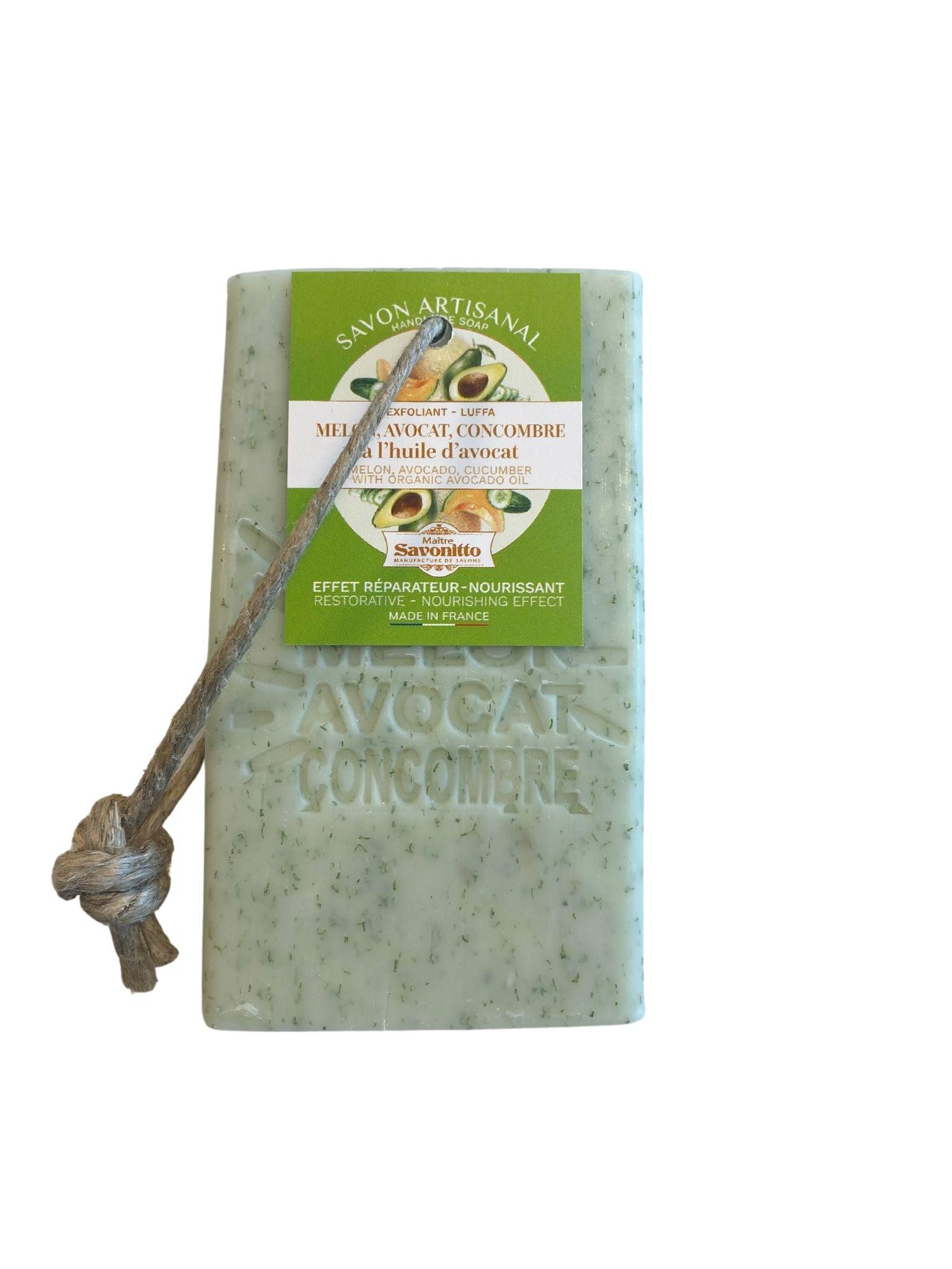 Savon TRANCHE CORDE 120g MELON, AVOCAT, CONCOMBRE Exfoliant - La boutique de Béa